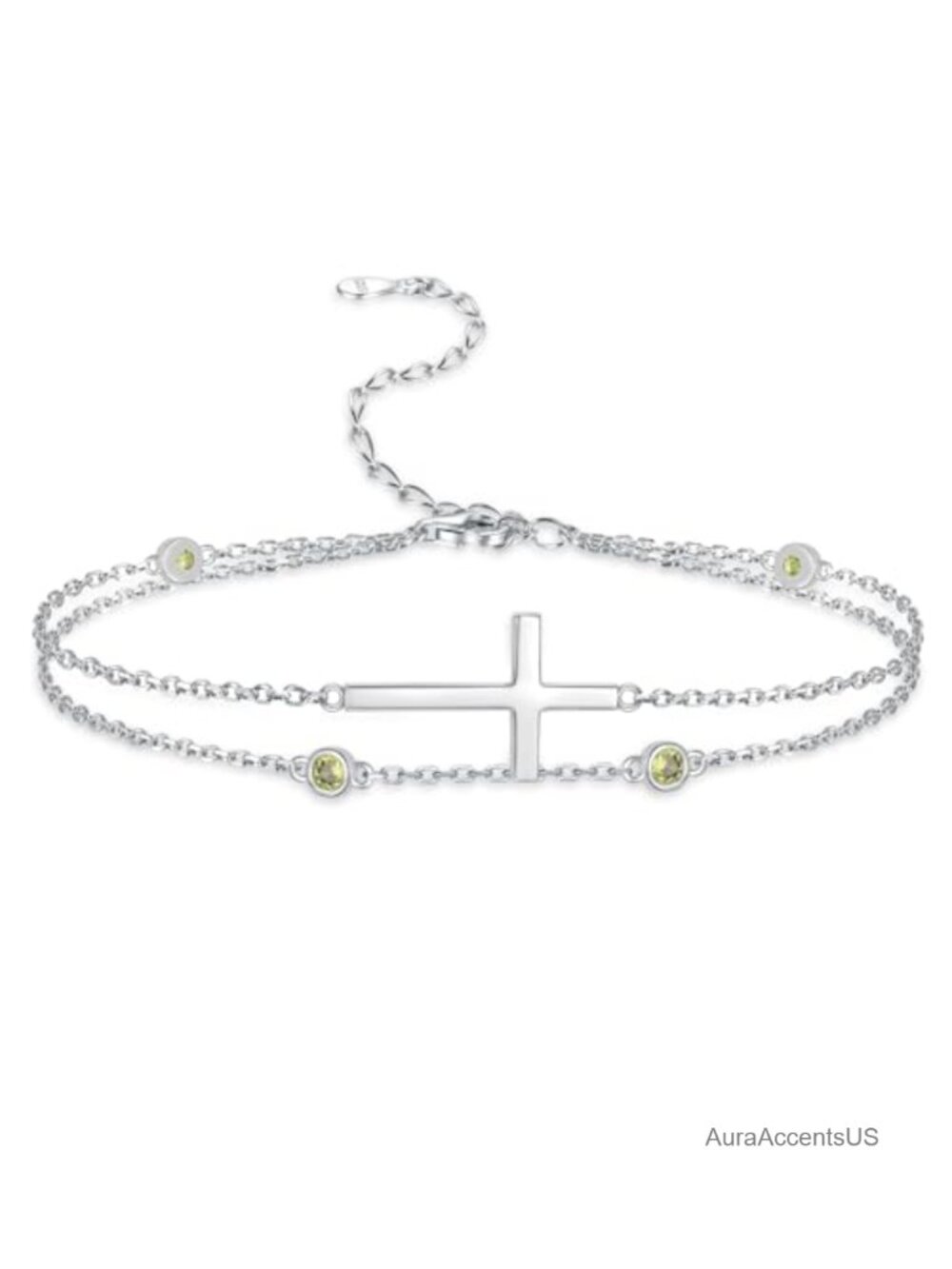 925 Sterling Silver Double Layer Cross Birthstone Bracelet Adjustable Chain